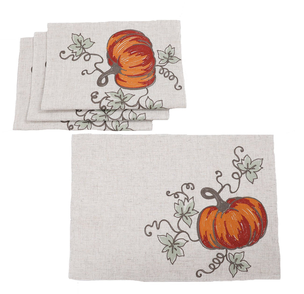 XD19808 Rustic Pumpkin Crewel Embroidered Placemat Set of 4 14x20 Double Layer Linen Blend