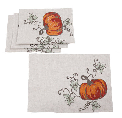 XD19808 Rustic Pumpkin Crewel Embroidered Placemat Set of 4 14x20 Double Layer Linen Blend