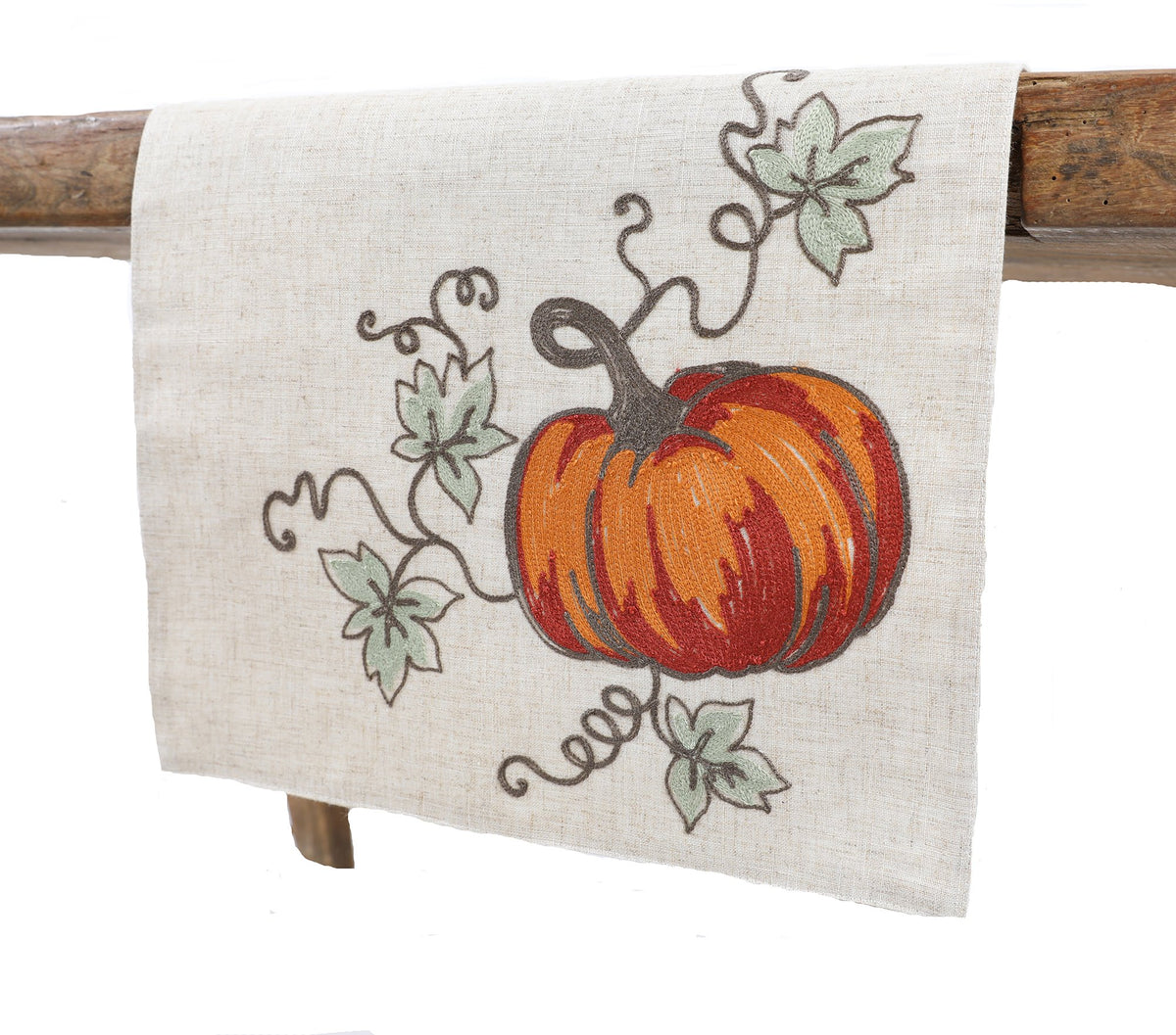 XD19808 Rustic Pumpkin Crewel Embroidered Table Runner 16x36 Double Layer Linen Blend
