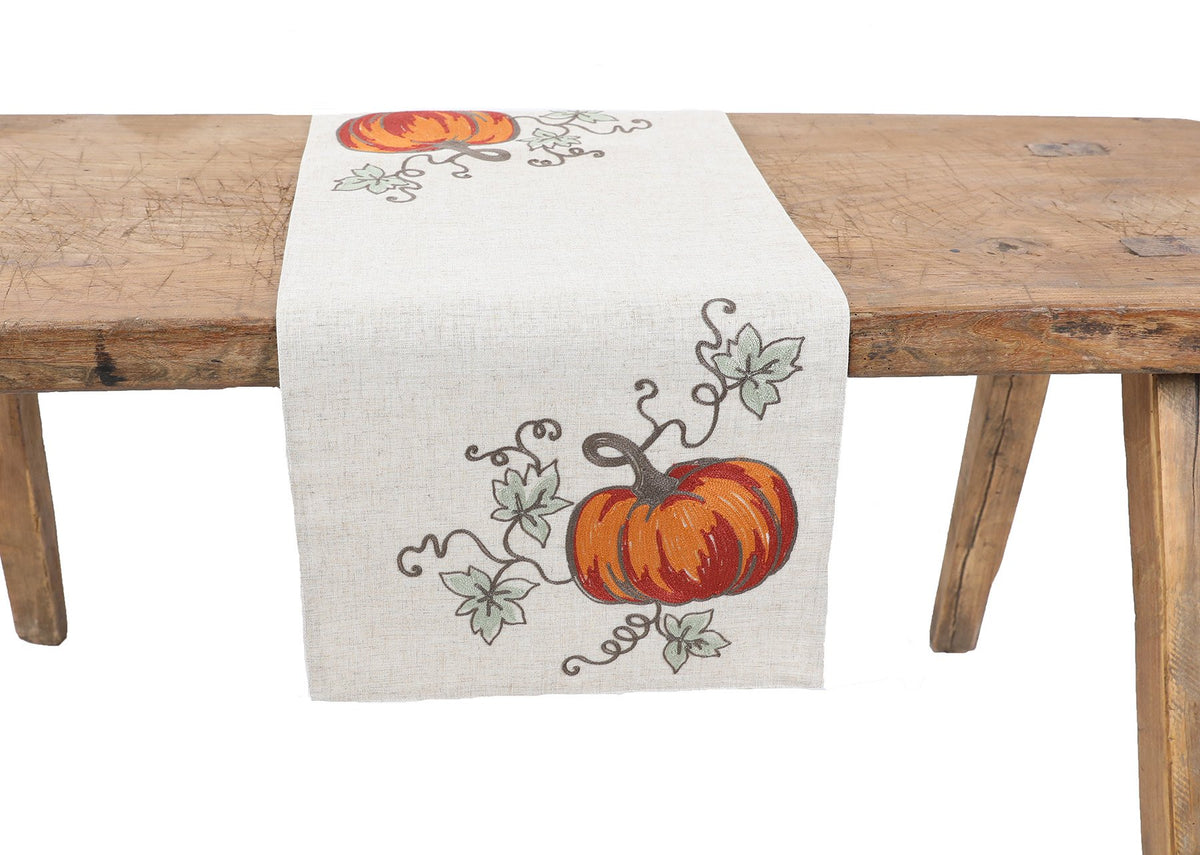 XD19808 Rustic Pumpkin Crewel Embroidered Table Runner 16x36 Double Layer Linen Blend