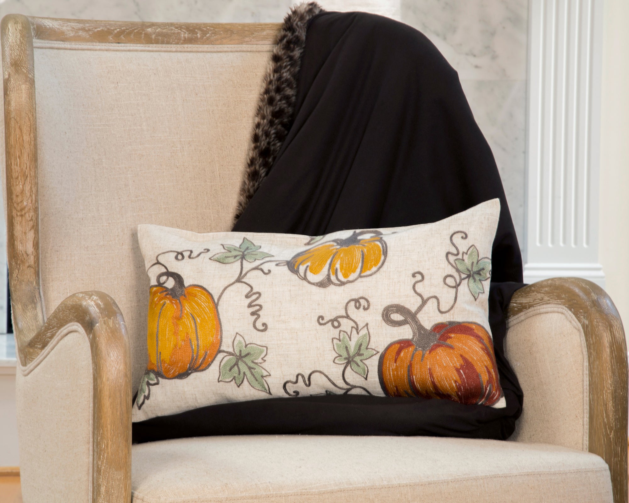 Rustic Pumpkin Crewel Embroidered Fall Pillow, 14"x14"