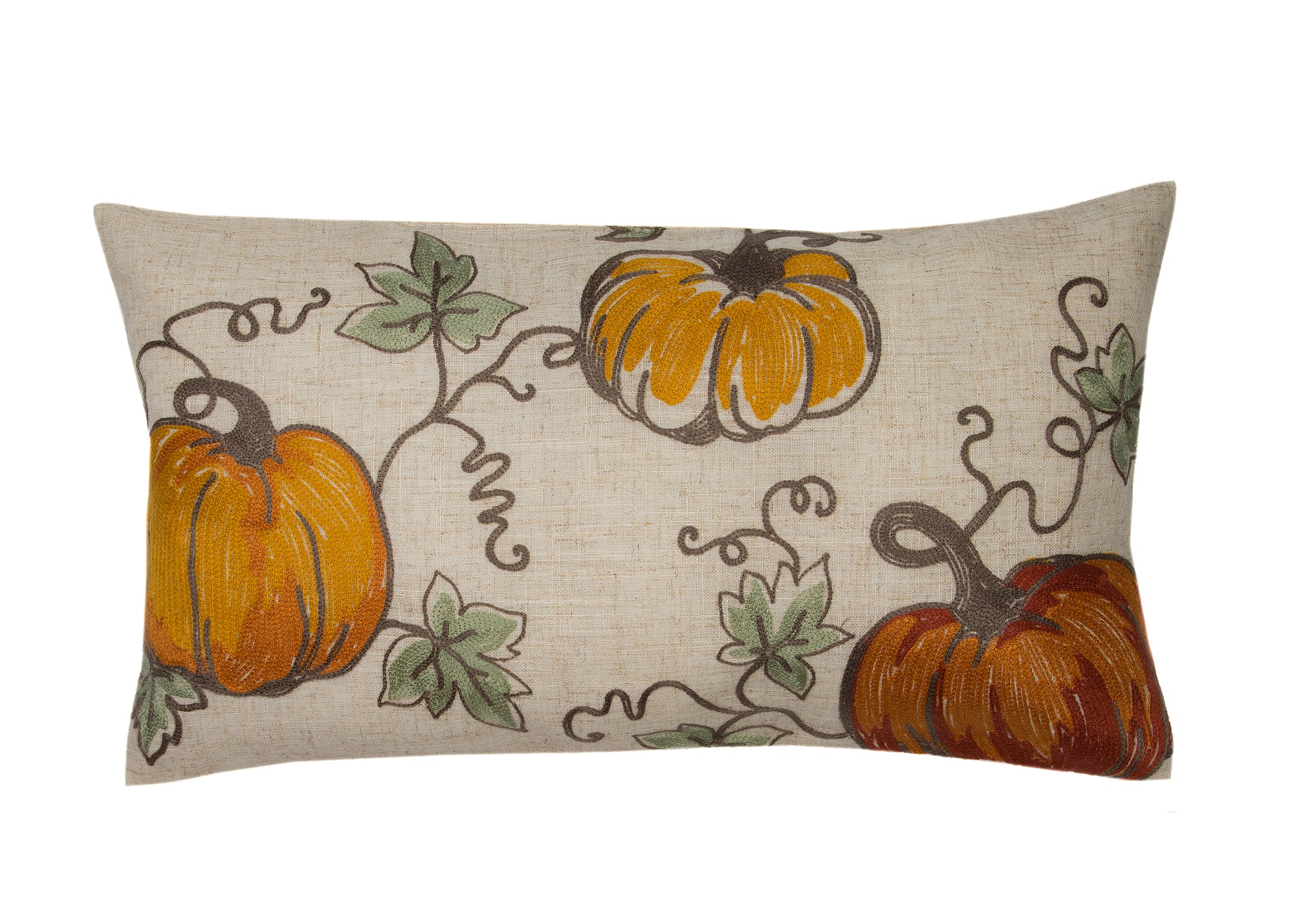 Rustic Pumpkin Crewel Embroidered Fall Pillow, 14"x14"