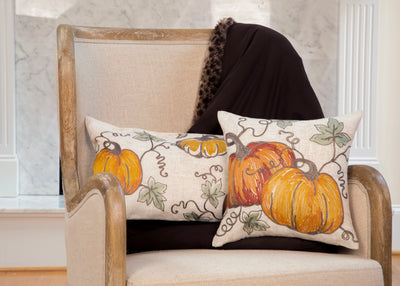 Rustic Pumpkin Crewel Embroidered Fall Pillow, 14"x14"