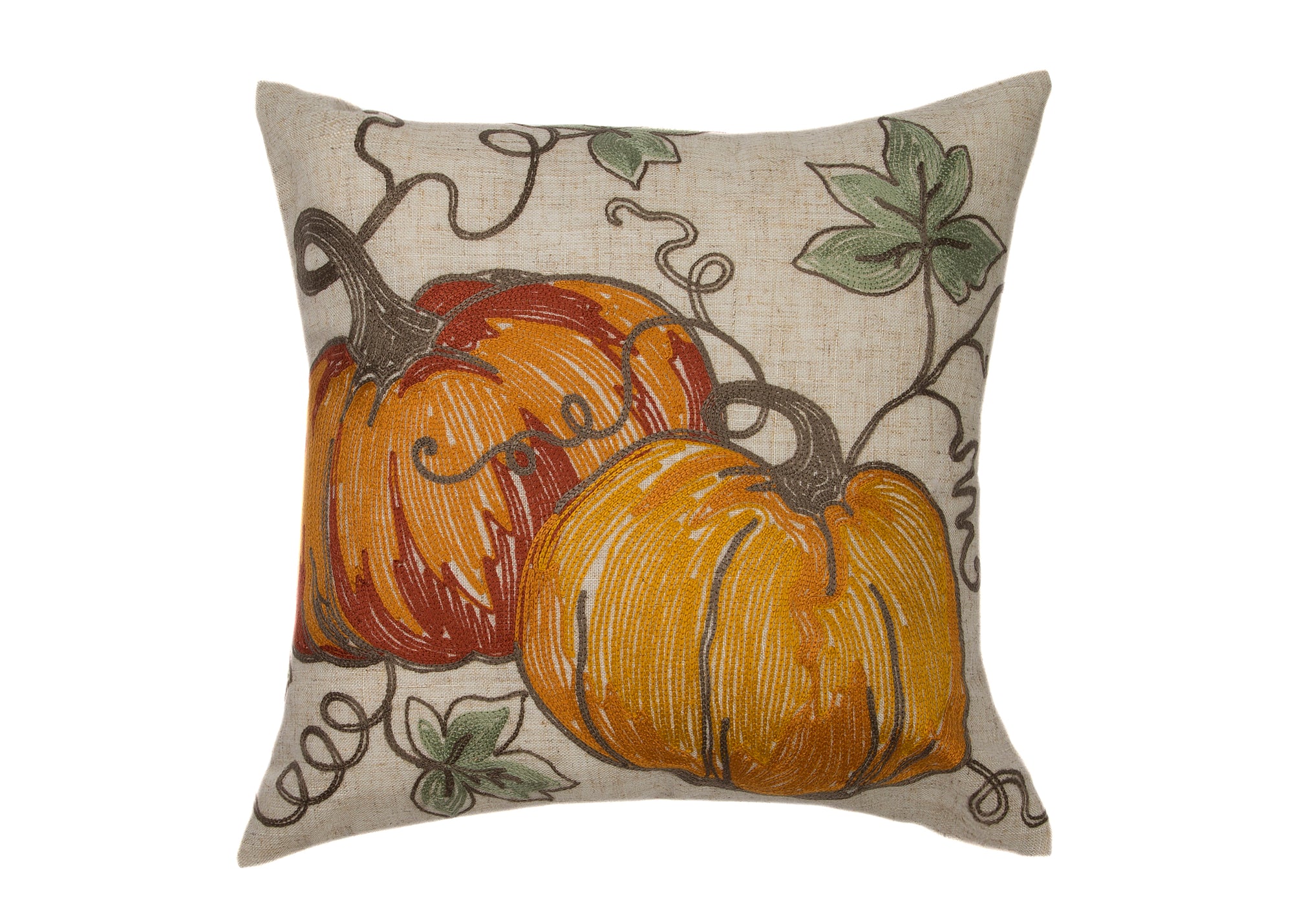 Rustic Pumpkin Crewel Embroidered Fall Pillow, 14"x14"