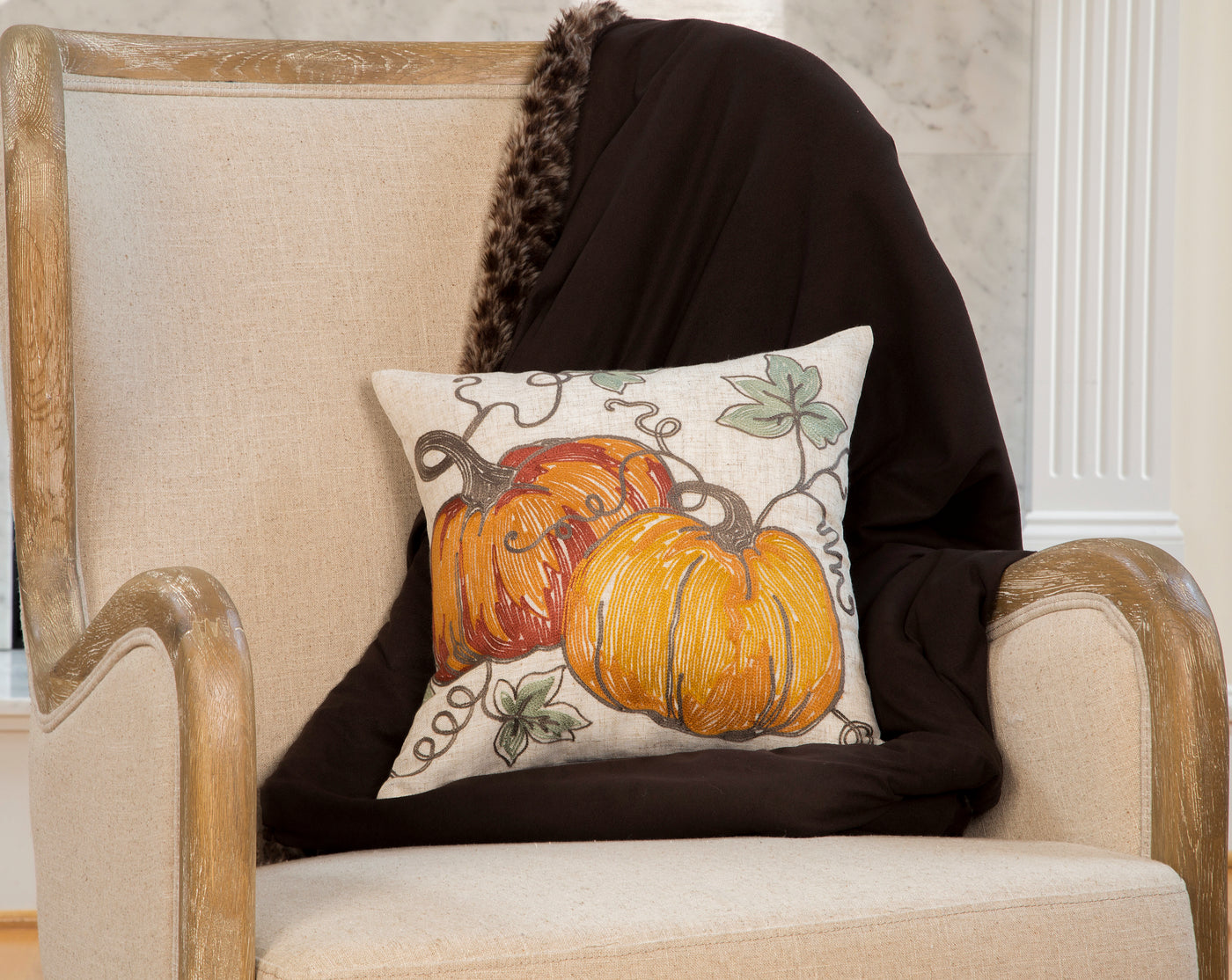 Rustic Pumpkin Crewel Embroidered Fall Pillow, 14"x14"