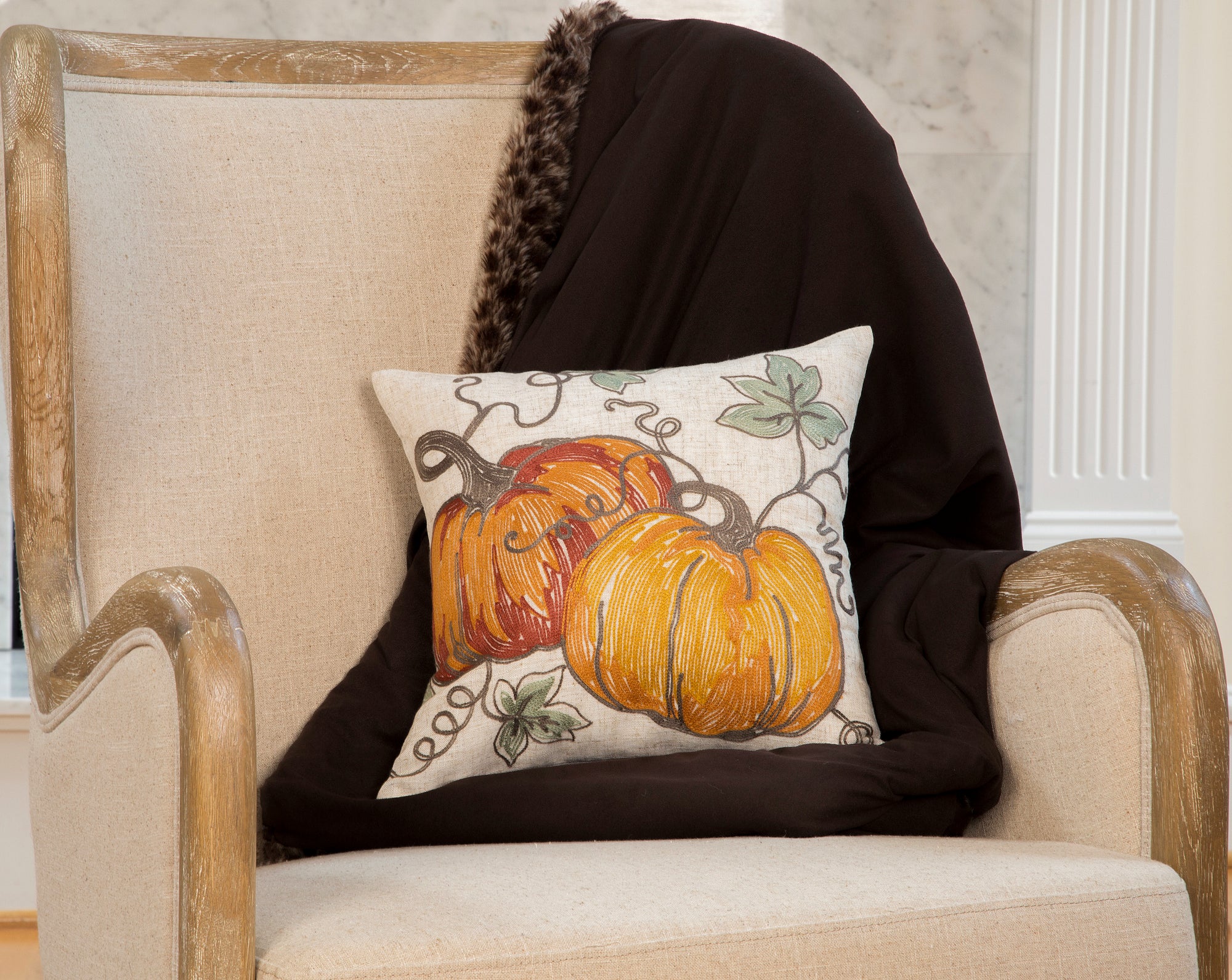 Rustic Pumpkin Crewel Embroidered Fall Pillow, 14"x14"