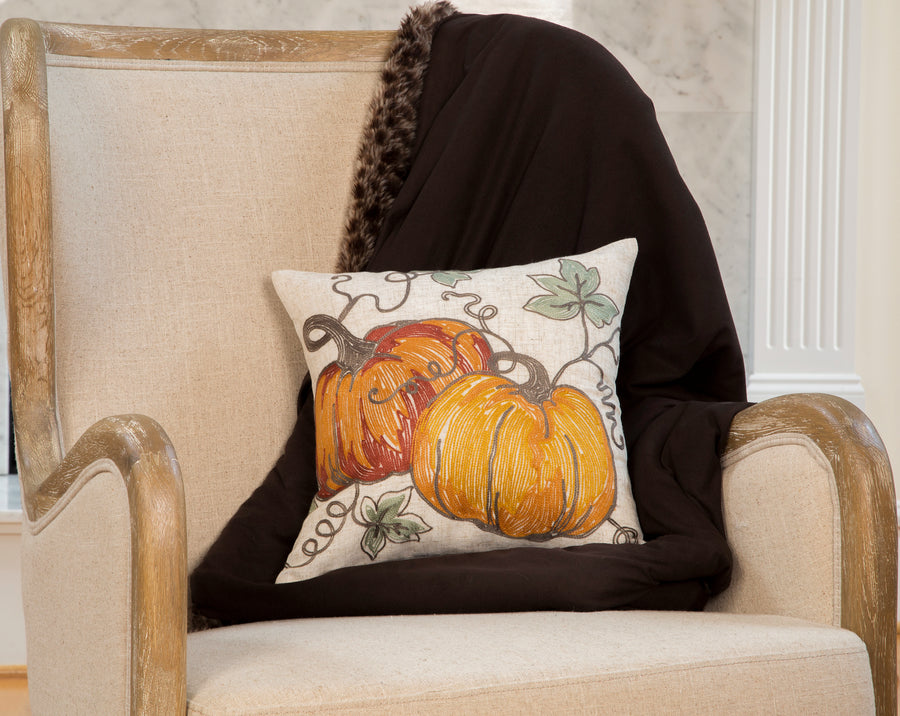 Rustic Pumpkin Crewel Embroidered Fall Pillow, 14"x14"