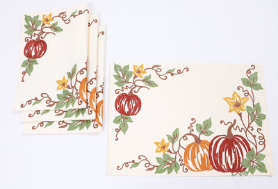 XD19809 Harvest Pumpkins Crewel Embroidered Placemat Set of 4 14x20 Double Layer Cream