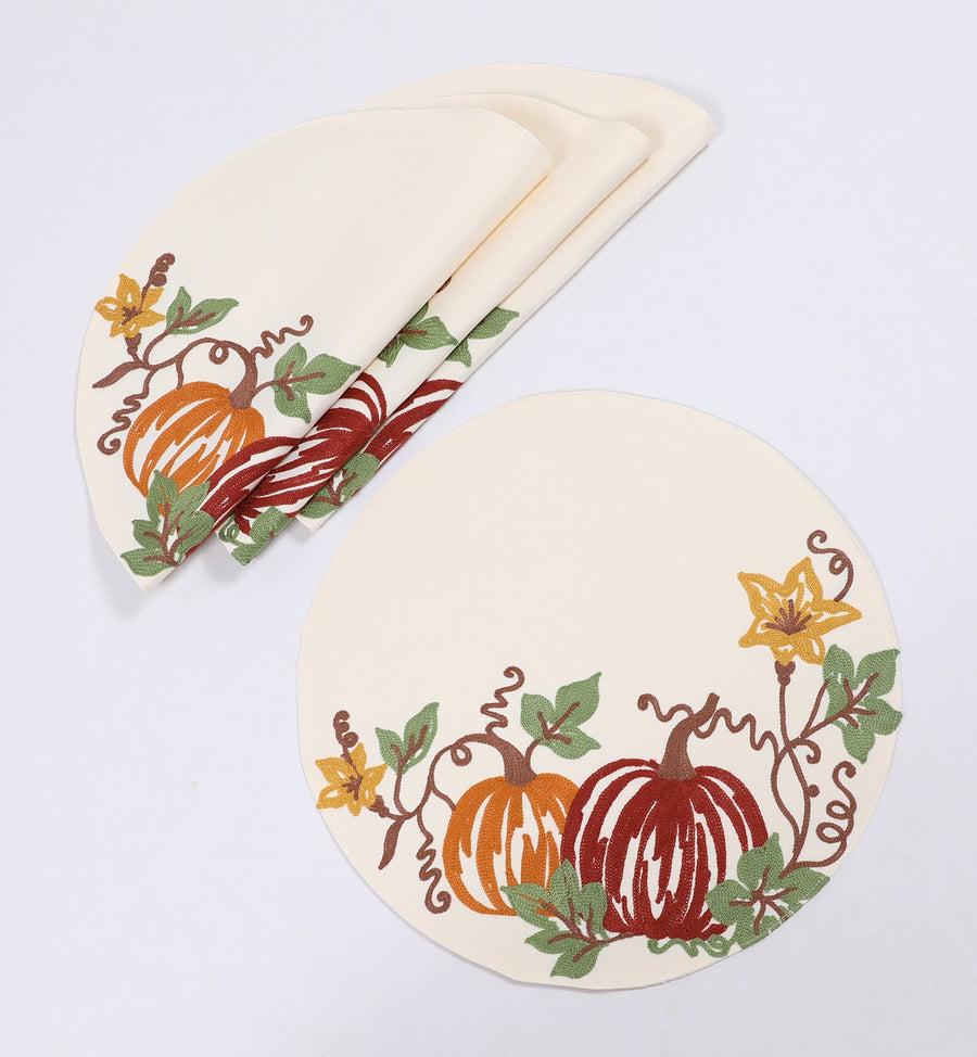 XD19809-Happy Fall Pumpkins Crewel Embroidered Placemats 16-Inch Round, Set of 4, Cream