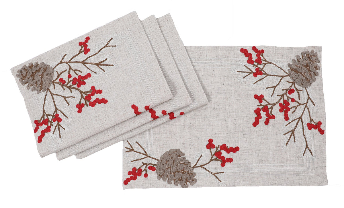 XD19811 Pine Cone Berry Placemats Set of 4 14x20 Linen