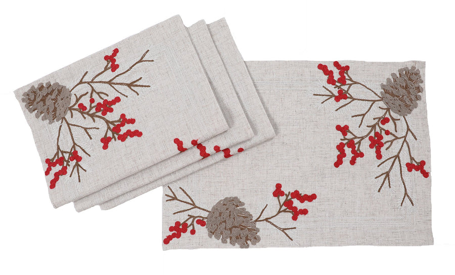 XD19811-Christmas Pine Cone Crewel Embroidered Placemats 14 by 20-Inch, Set of 4