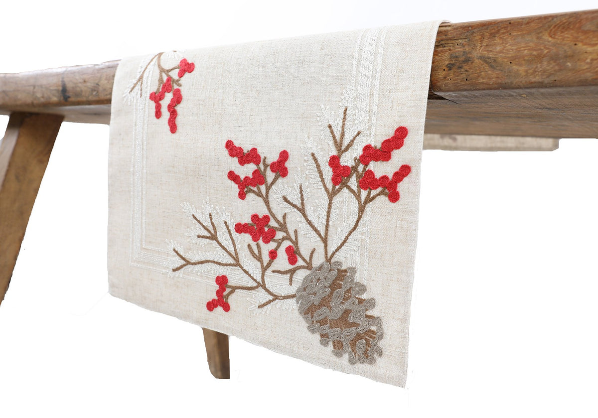 XD19811 Pine Cone Berry Table Runner 16x36 Linen