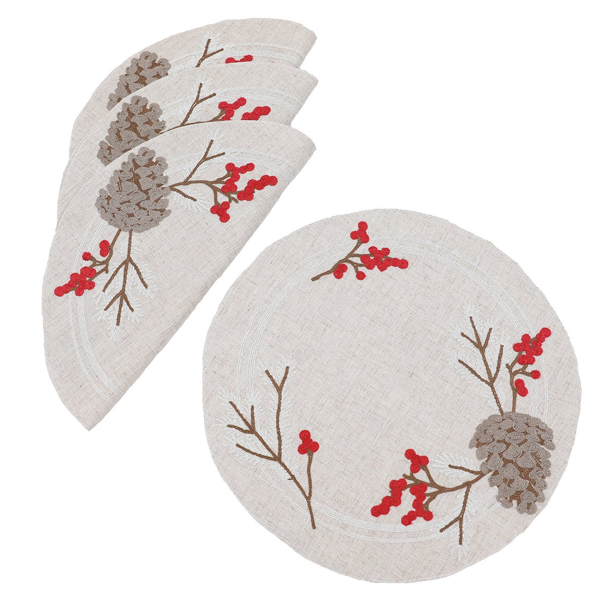 XD19811 Pine Cone Berry Round Placemats Set of 4 16in Linen