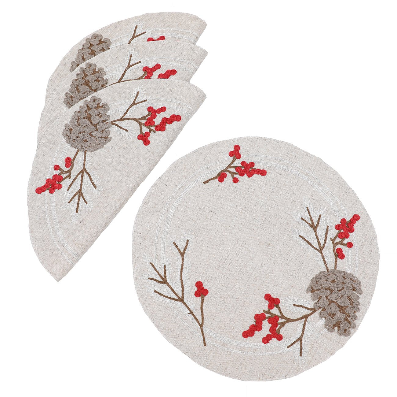 XD19811-Christmas Pine Cone Crewel Embroidered Placemats 16-Inch Round, Set of 4