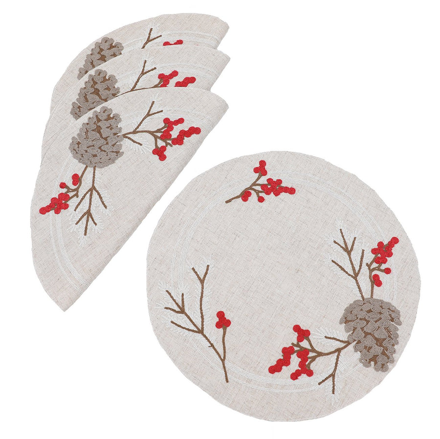 XD19811-Christmas Pine Cone Crewel Embroidered Placemats 16-Inch Round, Set of 4