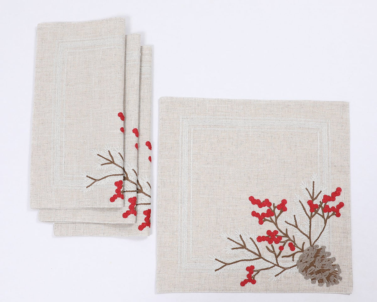 XD19811 Pine Cone Berry Square Placemats Set of 4 16in Linen