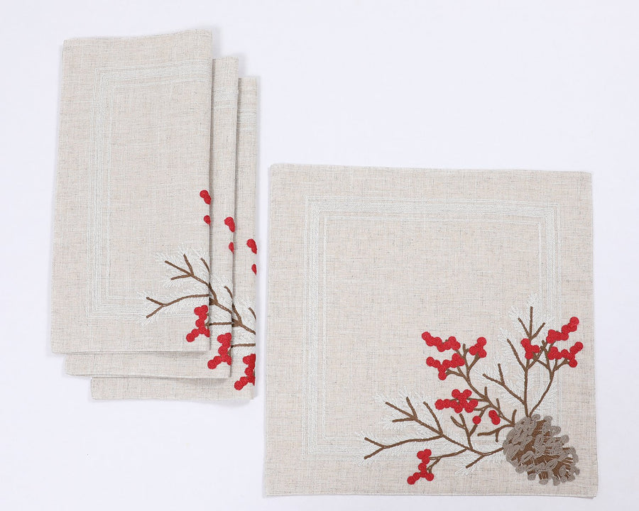 XD19811-Christmas Pine Cone Crewel Embroidered Placemats 16 by 16-Inch Square, Set of 4