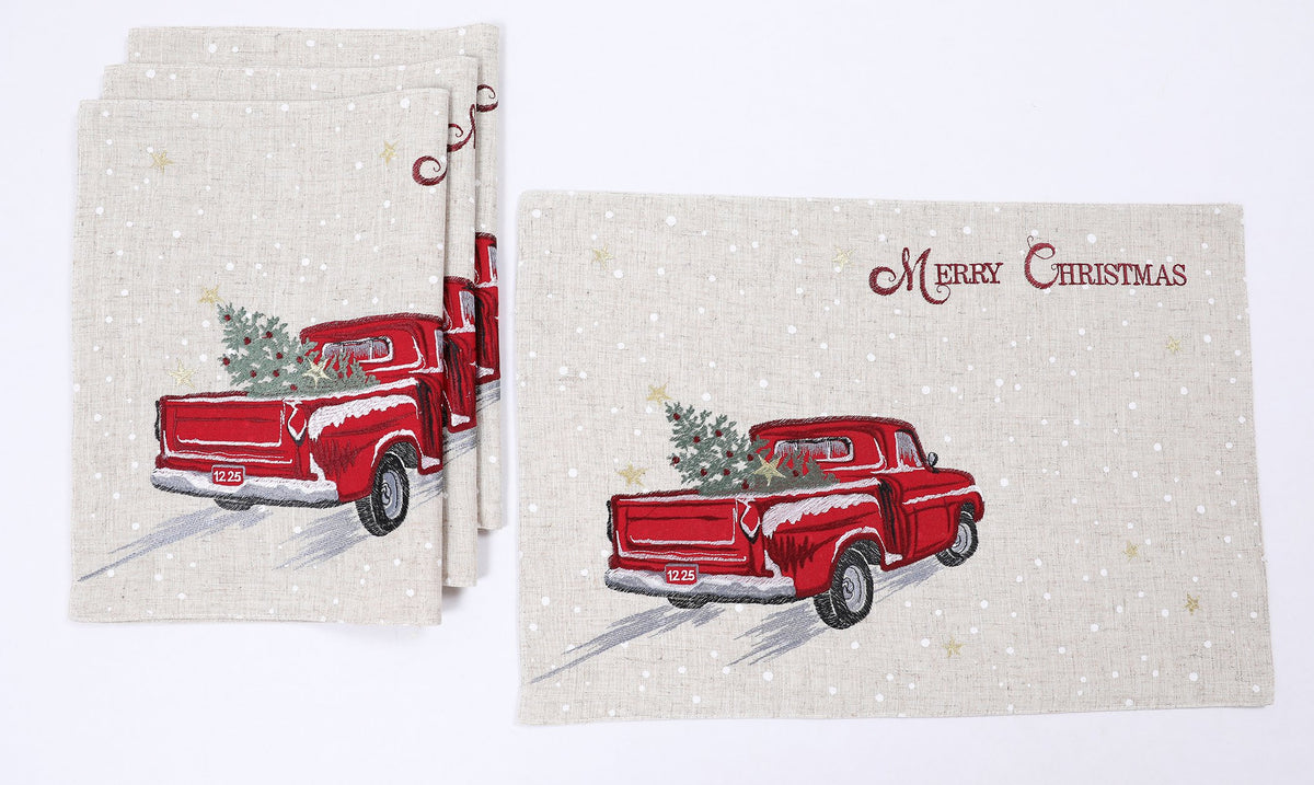 XD19812 Vintage Red Truck Christmas Placemats Set of 4 14x20 Linen