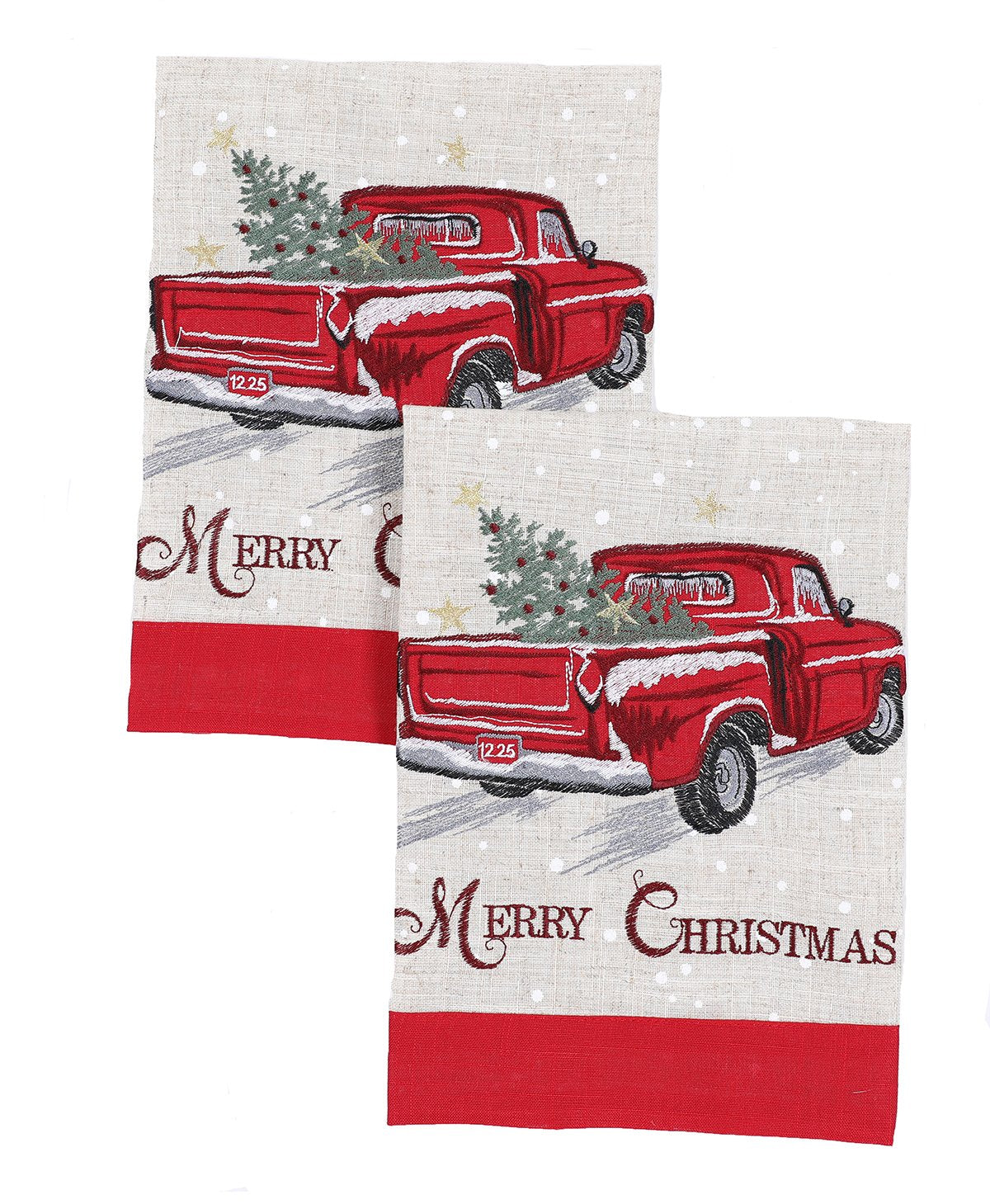 XD19812 Vintage Red Truck Christmas Tea Towels Set of 2 14x22 Linen