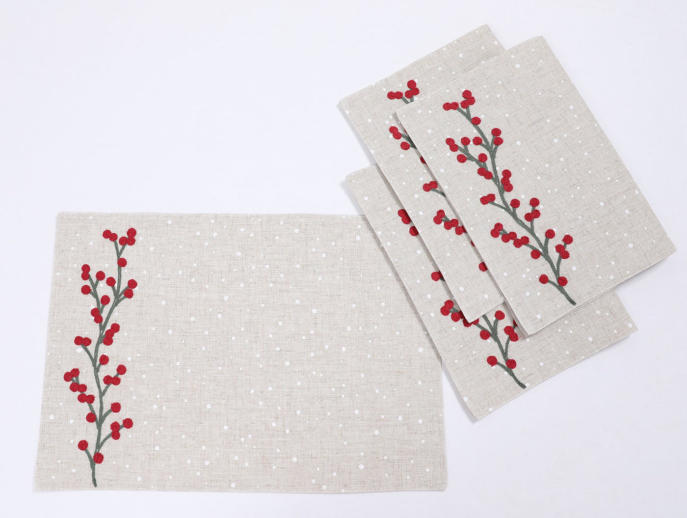 XD19816-Holly Berry Branch Crewel Embroidered Christmas Placemats 14 by 20-Inch, Set of 4