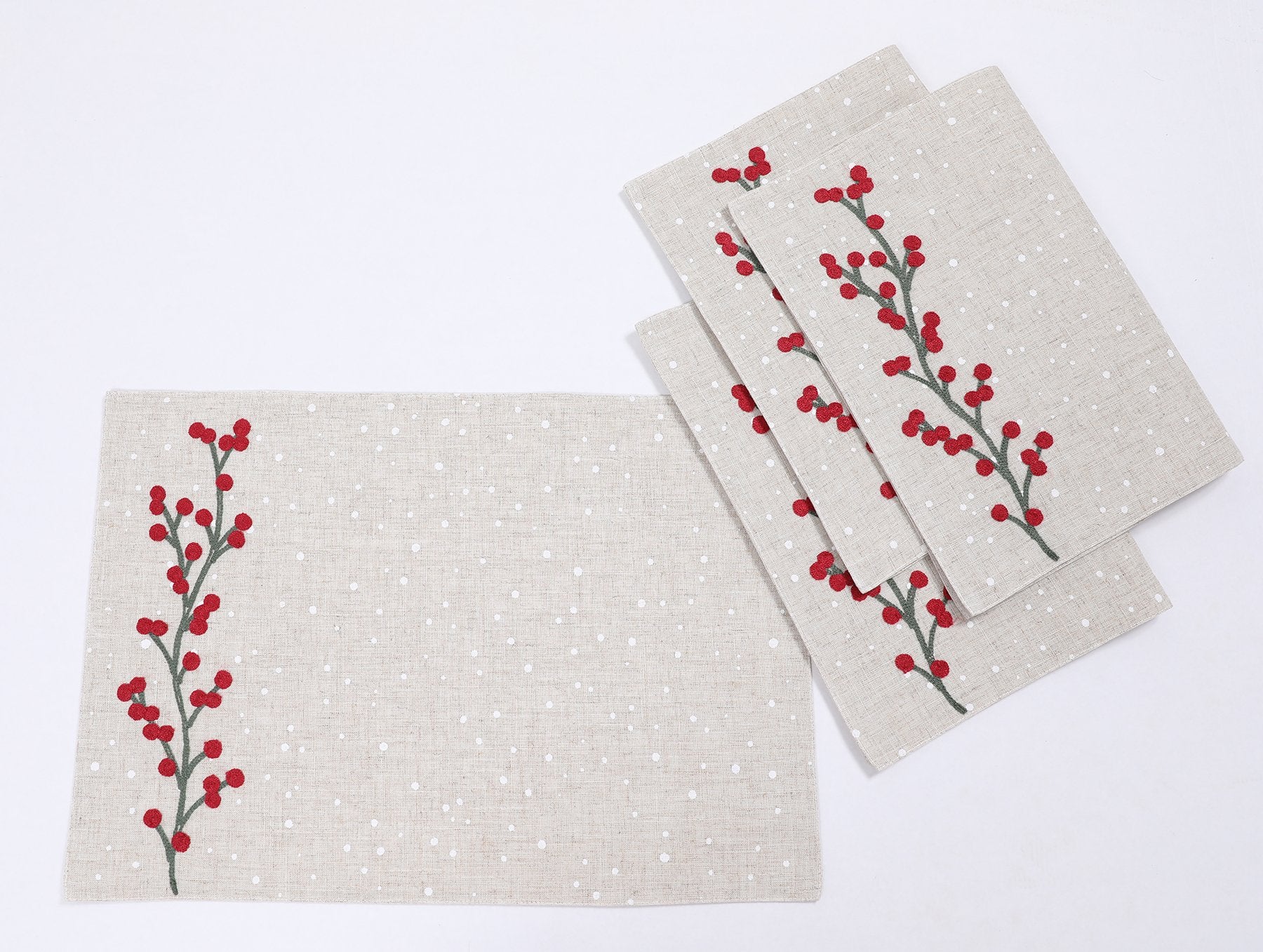 XD19816-Holly Berry Branch Crewel Embroidered Christmas Placemats 14 by 20-Inch, Set of 4