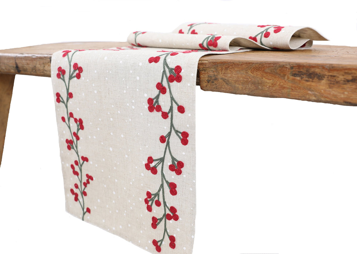 XD19816 Holly Berry Wreath Christmas Table Runner 16x36 Linen