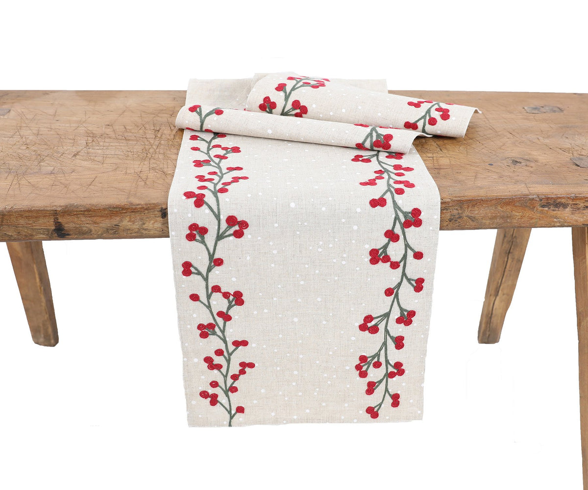 XD19816 Holly Berry Wreath Christmas Table Runner 16x36 Linen