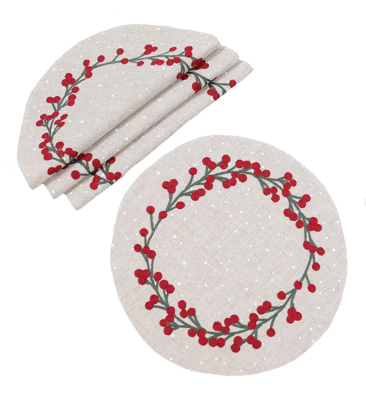 XD19816 Holly Berry Wreath Christmas Round Placemats Set of 4 16 Inch Linen