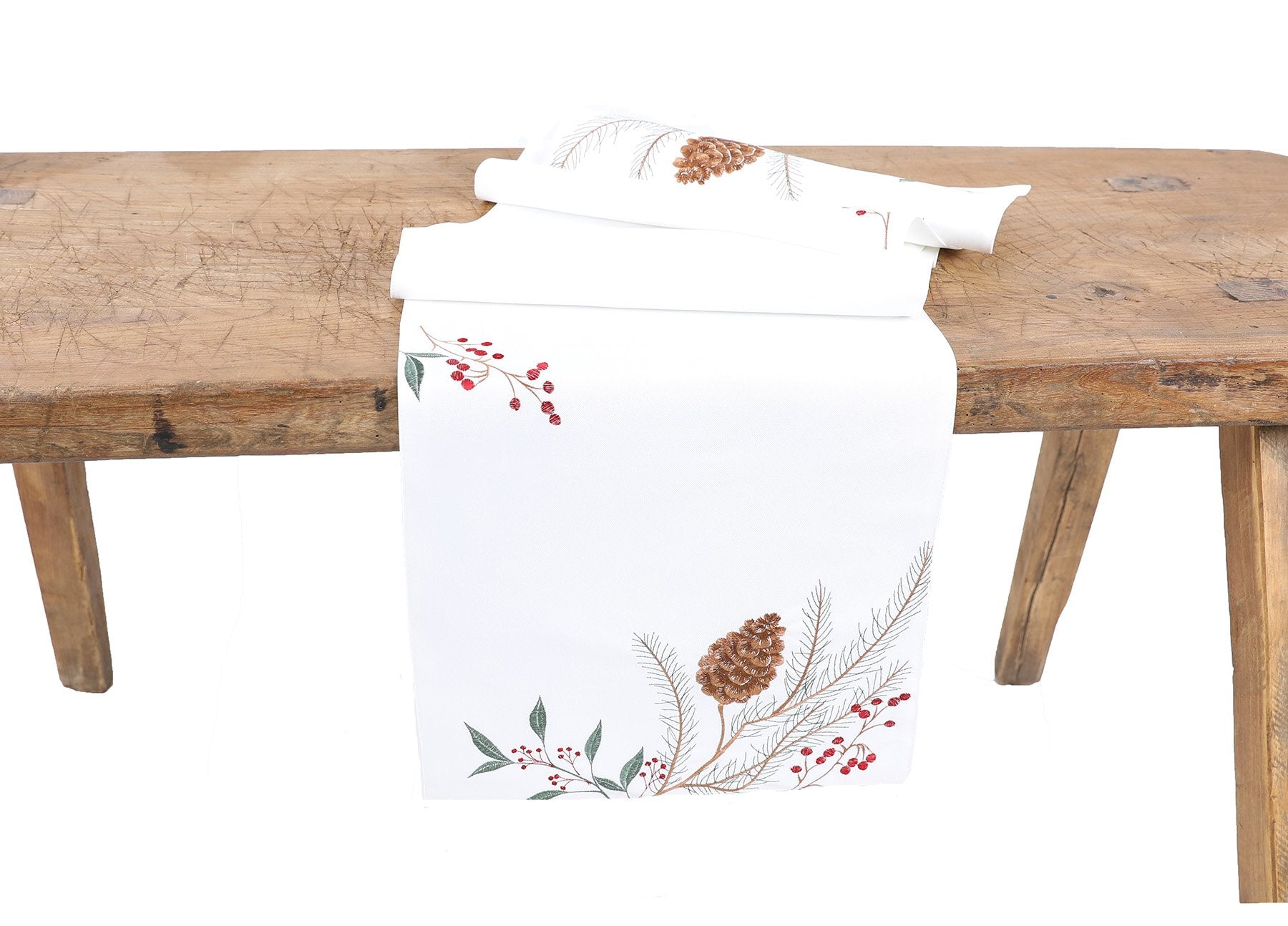 XD19819-Pinecone And Berry Embroidered Christmas Table Runner