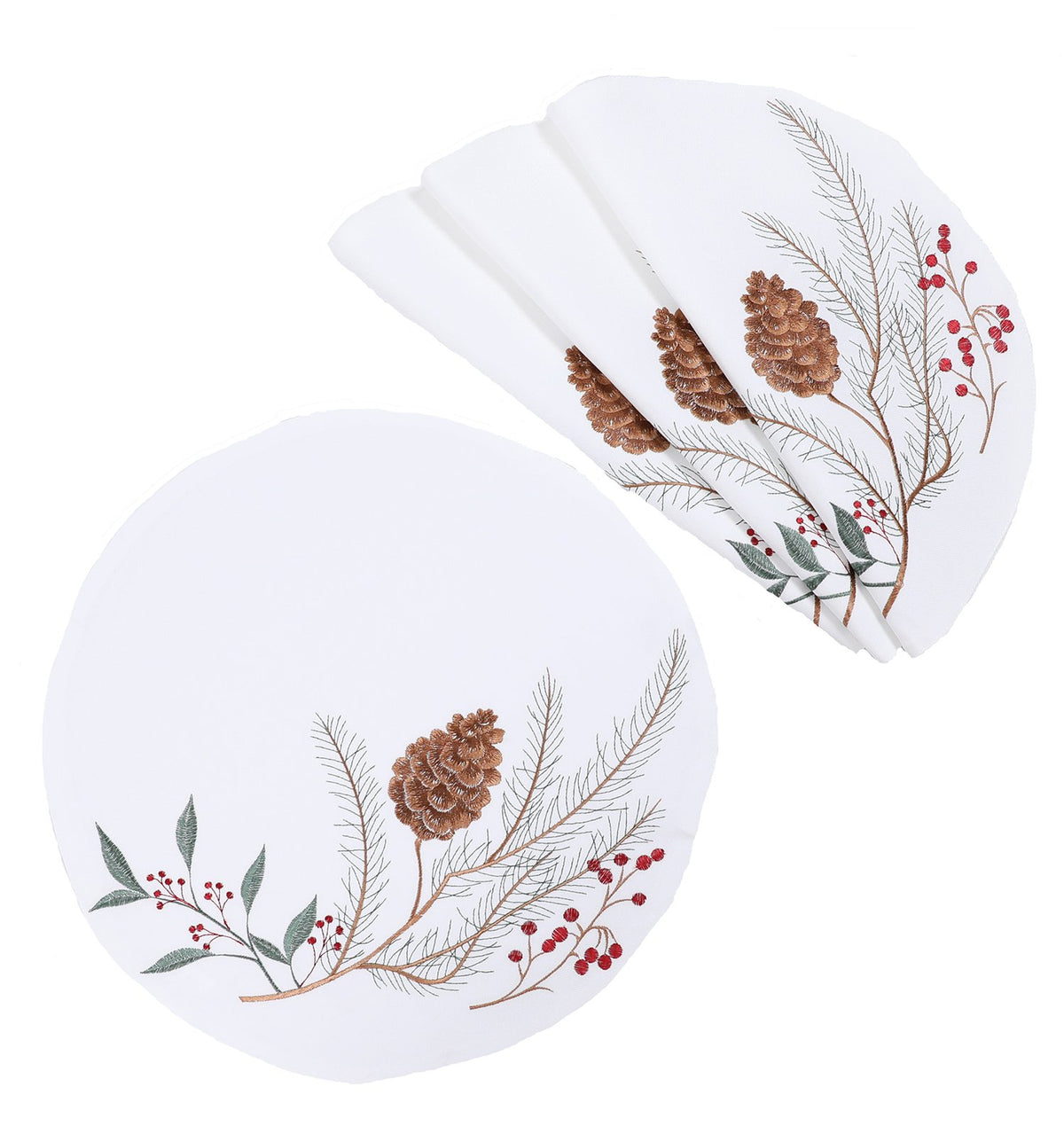 XD19819 Pinecone &amp; Berry Christmas Round Placemats Set of 4 16 Inch Polyester