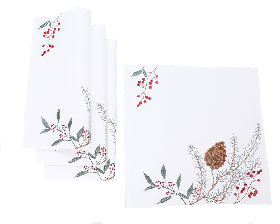 XD19819-Pinecone And Berry Embroidered Christmas Placemats 16 by 16-Inch Square, Set of 4