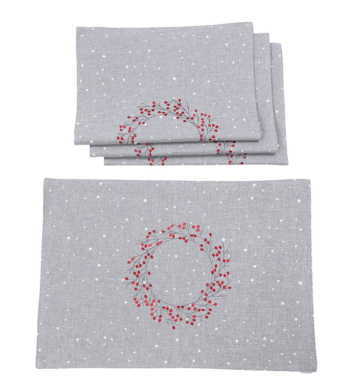 XD19821-Holly Berry Wreath Embroidered Christmas Placemats 14 by 20-Inch, Linen Blend, Set of 4