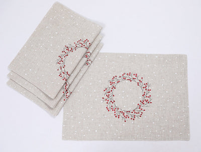XD19821-Holly Berry Wreath Embroidered Christmas Placemats 14 by 20-Inch, Linen Blend, Set of 4