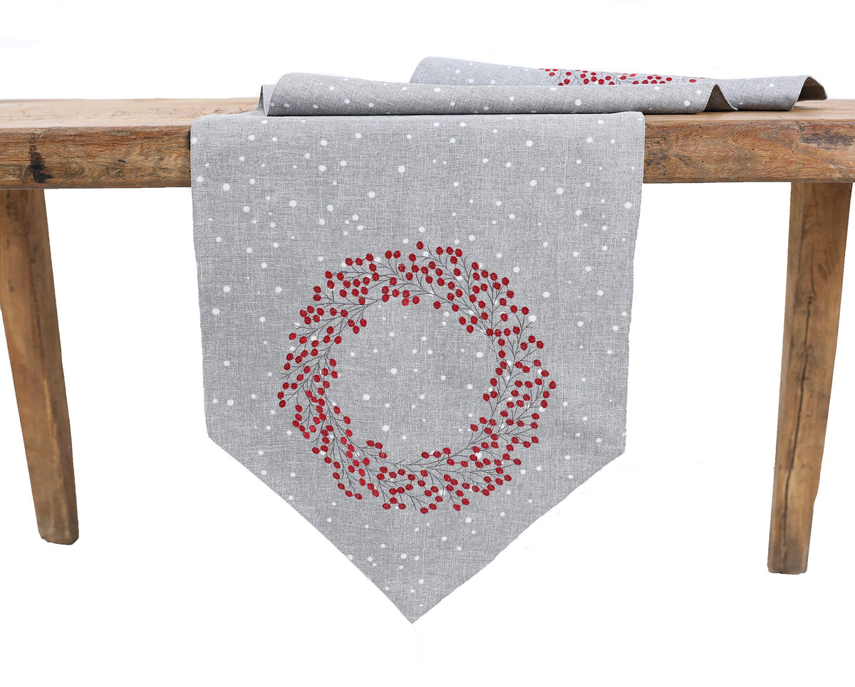 XD19821 Holly Berry Wreath Christmas Table Runner 16x36 Linen Blend