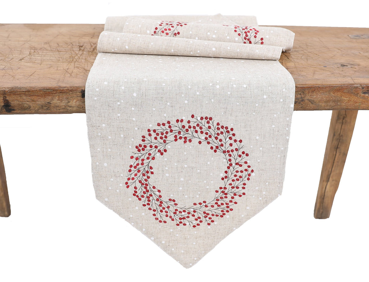 XD19821 Holly Berry Wreath Christmas Table Runner 16x36 Linen Blend