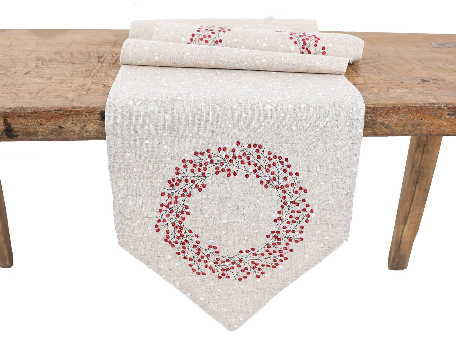 XD19821 Holly Berry Wreath Christmas Table Runner 16x36 Linen Blend