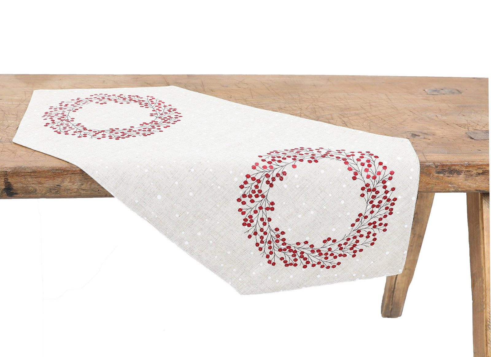 XD19821 Holly Berry Wreath Christmas Table Runner 16x36 Linen Blend