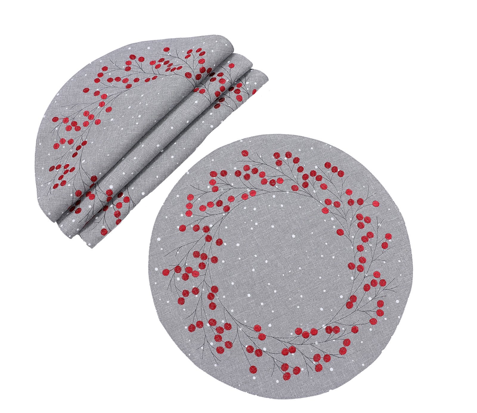 XD19821-Holly Berry Wreath Embroidered Christmas Placemats 16-Inch Round, Linen Blend, Set of 4