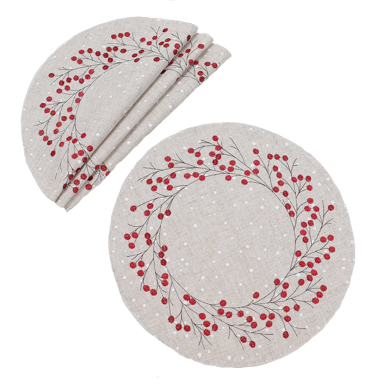XD19821-Holly Berry Wreath Embroidered Christmas Placemats 16-Inch Round, Linen Blend, Set of 4