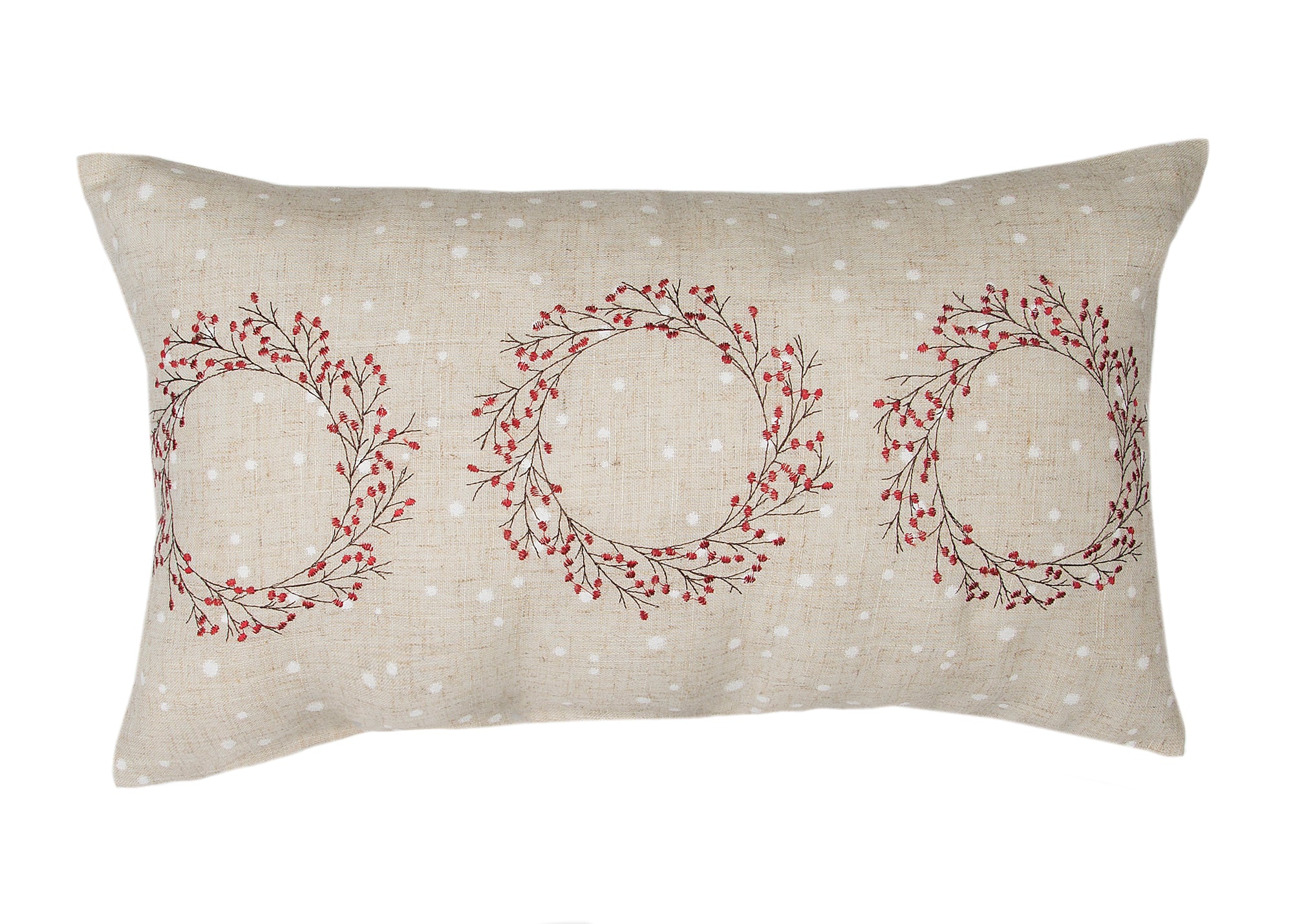 Holly Berry Wreath Embroidered Christmas Pillow, 14"x14"