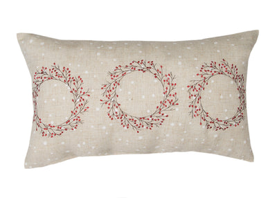 Holly Berry Wreath Embroidered Christmas Pillow, 14"x14"