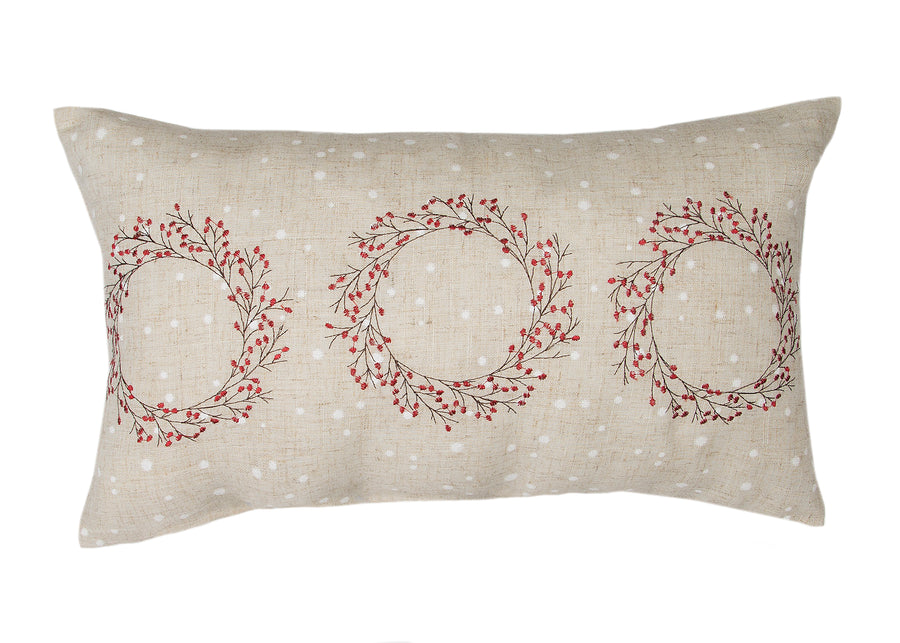 Holly Berry Wreath Embroidered Christmas Pillow, 14"x14"