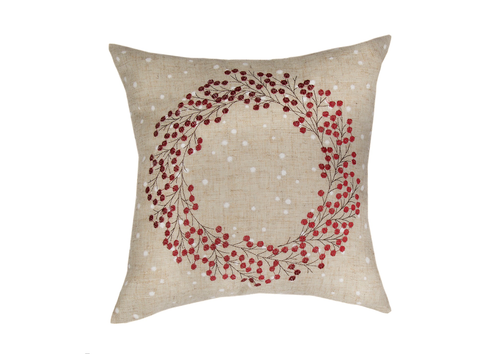 Holly Berry Wreath Embroidered Christmas Pillow, 14"x14"