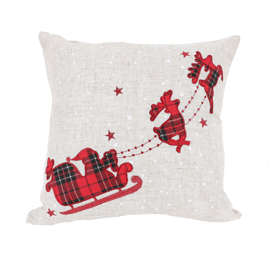 XD19881-Applique Tartan Santa Sleigh With Reindeers Christmas Pillow 14 by 14-Inch