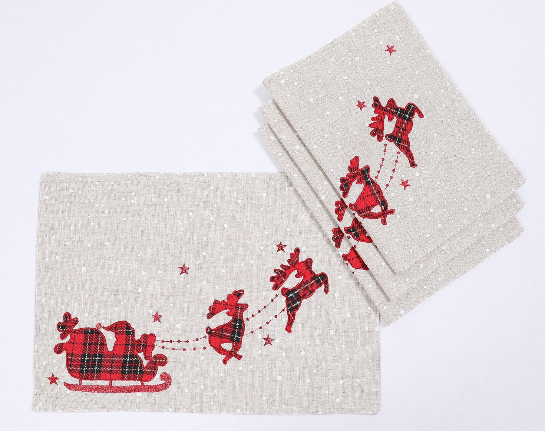 XD19881-Applique Tartan Santa Sleigh With Reindeers Christmas Placemats 14 by 20-Inch, Set of 4