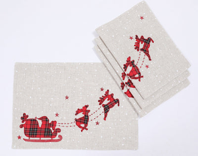 XD19881 Tartan Santa Sleigh Christmas Placemats Set of 4 14x20 Linen Blend