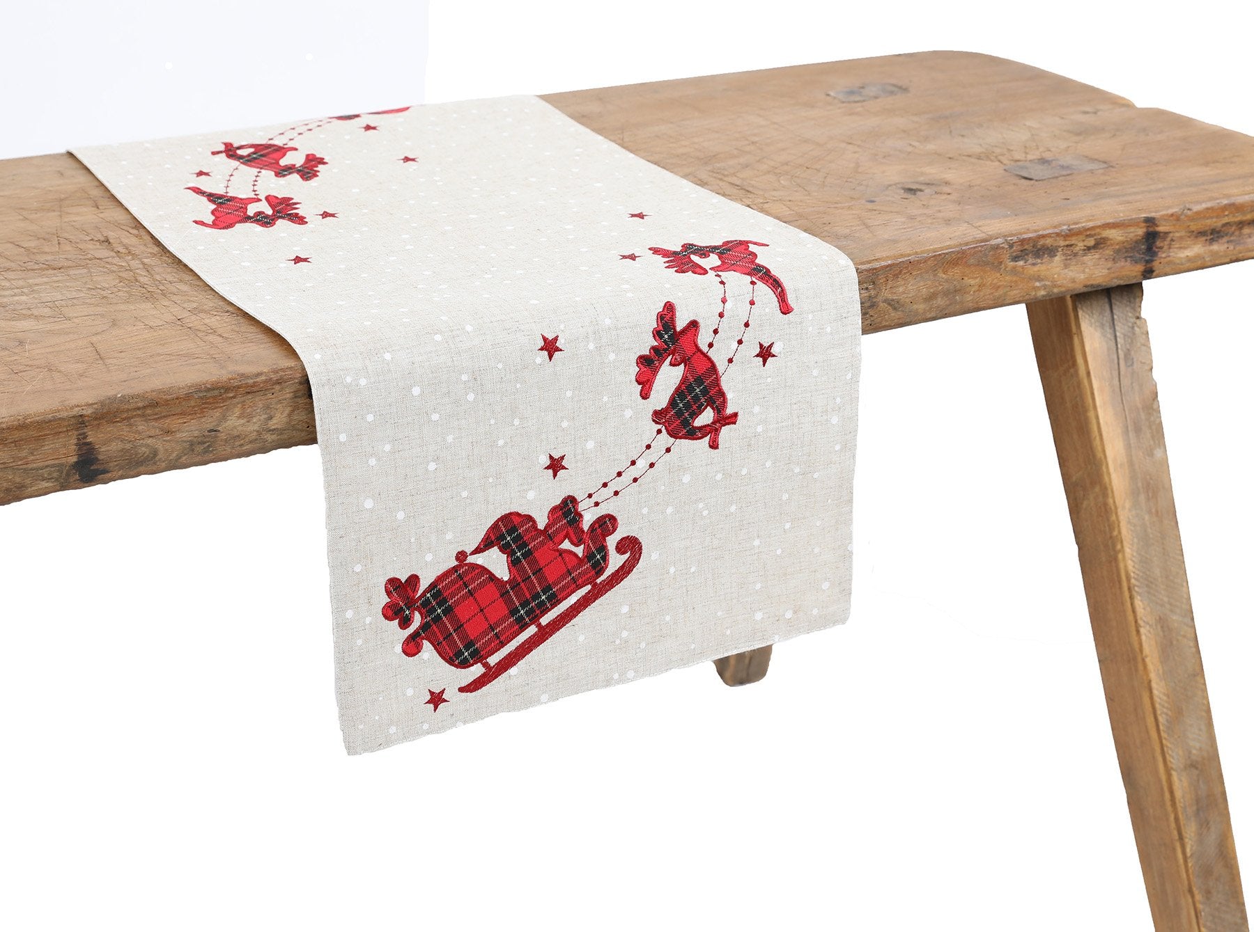XD19881-Applique Tartan Santa Sleigh With Reindeers Christmas Table Runner