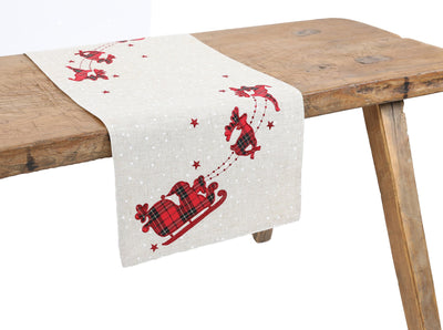 XD19881 Tartan Santa Sleigh Christmas Table Runner 16x36 Linen Blend