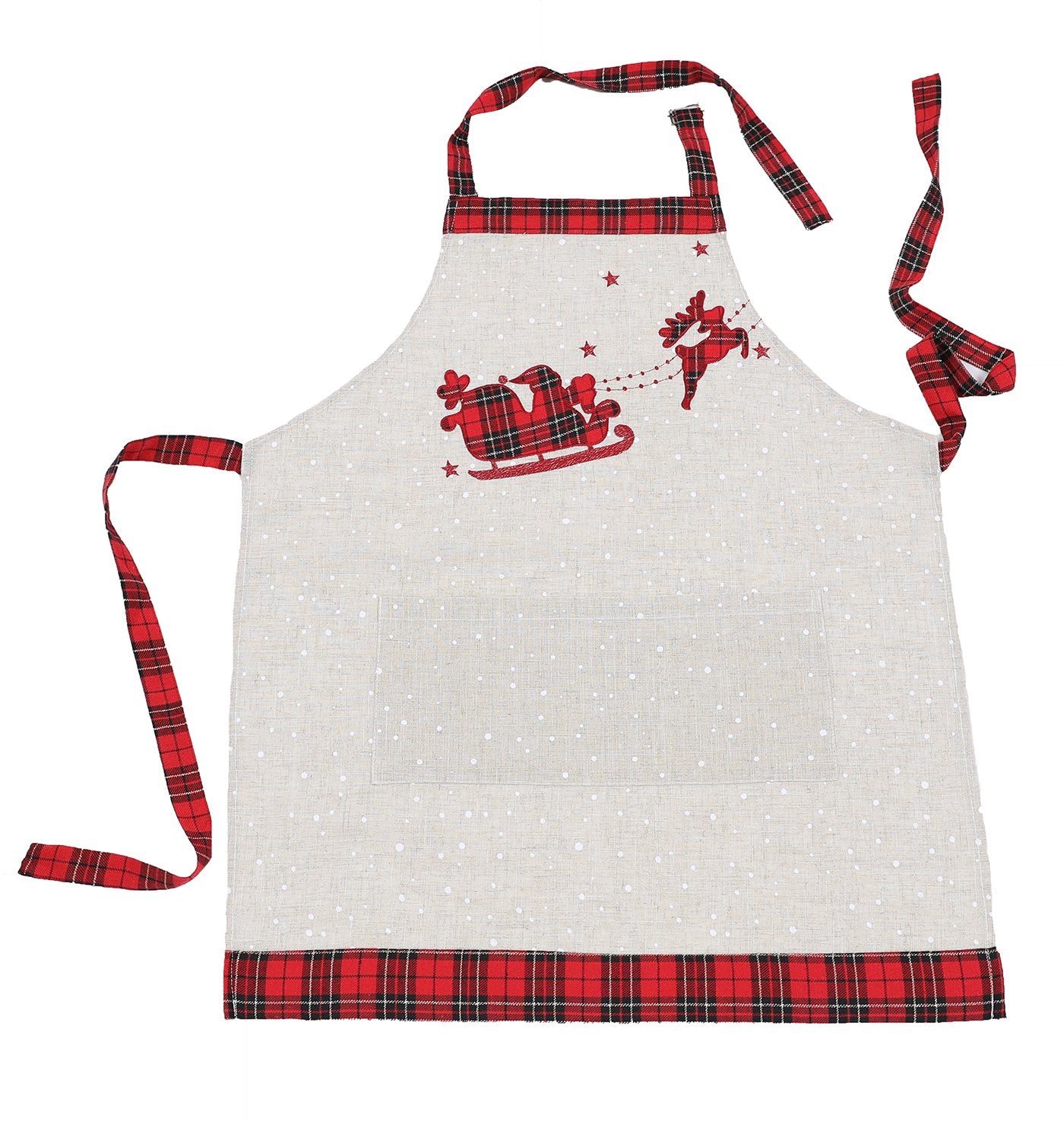 XD19881-Applique Tartan Santa Sleigh With Reindeers Christmas Apron Adults Size 30 by 26-Inch