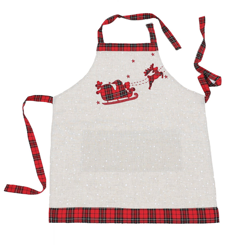 XD19881-Applique Tartan Santa Sleigh With Reindeers Christmas Apron Adults Size 30 by 26-Inch
